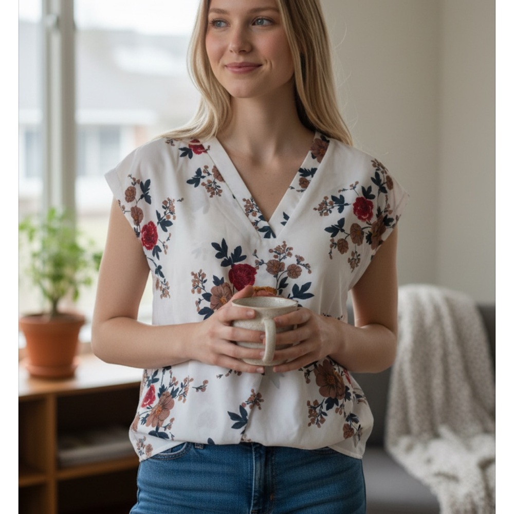 Floral V-Neck Women’s Top - White and Red